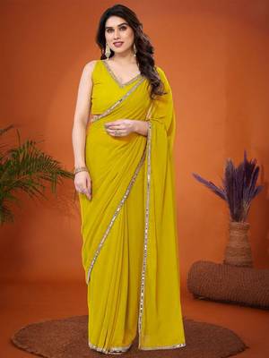 Yellow mirror work  georgette saree 3