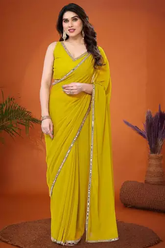 Yellow mirror work  georgette saree