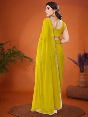 Yellow mirror work  georgette saree 4