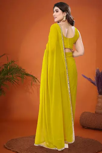 Yellow mirror work  georgette saree