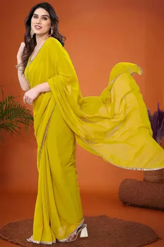Yellow mirror work  georgette saree