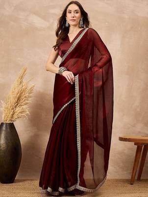 Maroon embellished solid festive saree 1