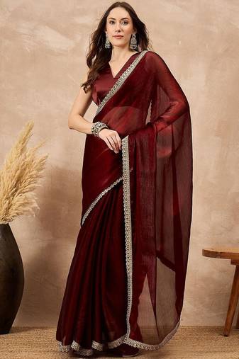 Maroon embellished solid festive saree
