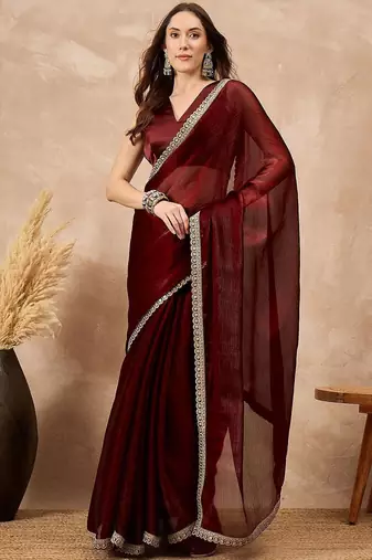 Maroon embellished solid festive saree