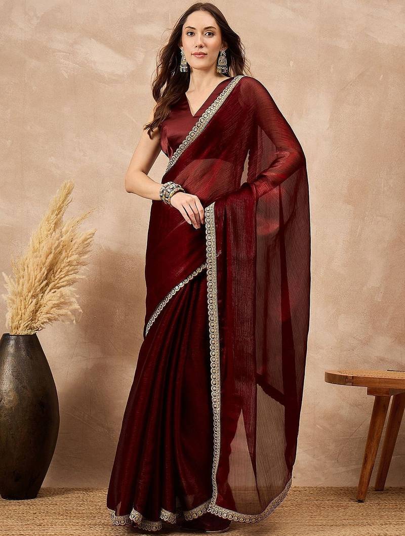 Maroon embellished solid festive saree