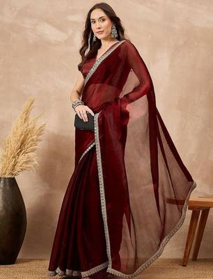 Maroon embellished solid festive saree 2