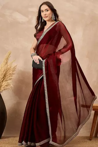 Maroon embellished solid festive saree