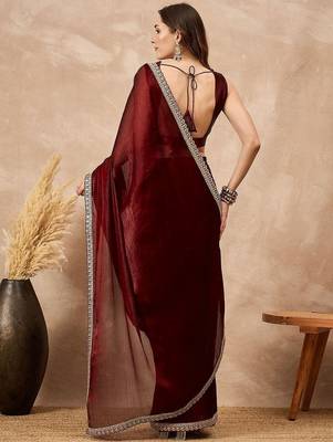 Maroon embellished solid festive saree 3