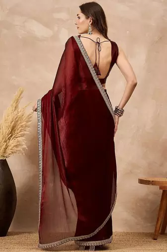 Maroon embellished solid festive saree