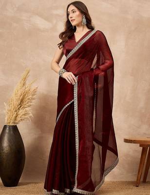 Maroon embellished solid festive saree 4