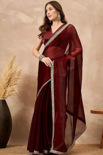 Maroon embellished solid festive saree