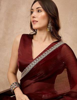 Maroon embellished solid festive saree 5