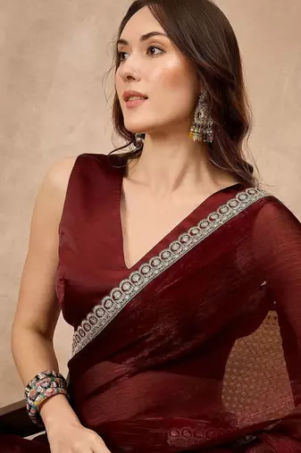 Maroon embellished solid festive saree