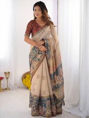 Cream floral  cotton handloom saree 1