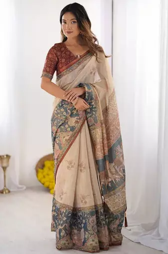 Cream floral  cotton handloom saree