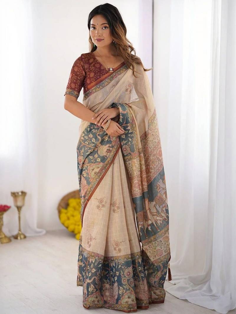 Cream floral  cotton handloom saree