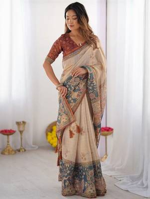 Cream floral  cotton handloom saree 2