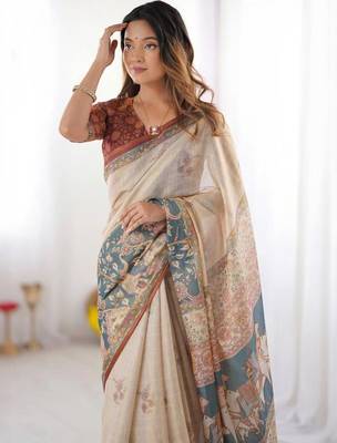 Cream floral  cotton handloom saree 5