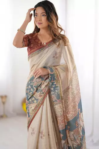 Cream floral  cotton handloom saree