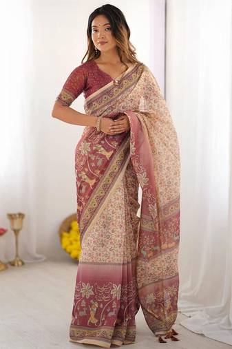 Cream floral  cotton saree