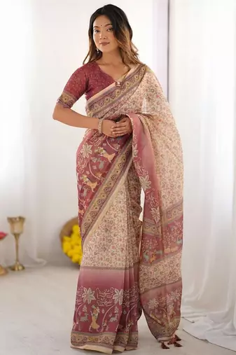 Cream floral  cotton saree