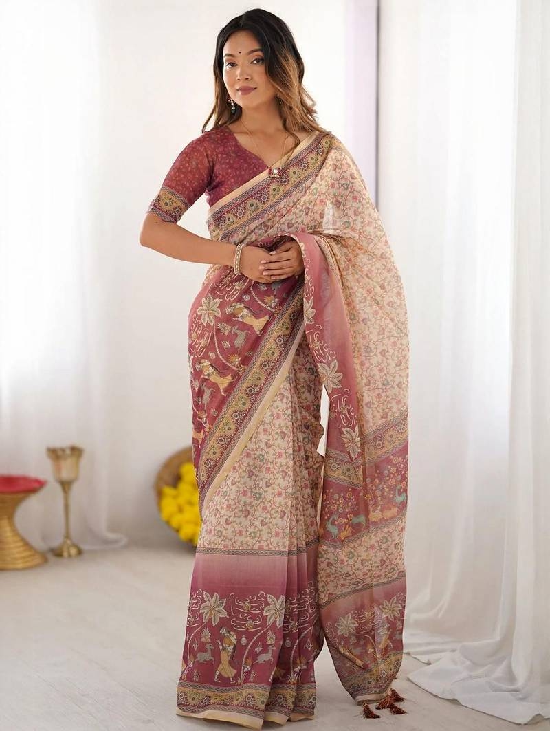 Cream floral  cotton saree