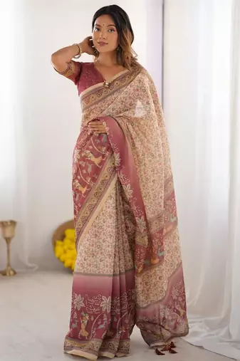 Cream floral  cotton saree