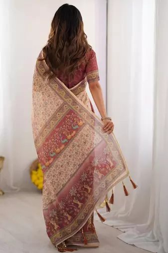 Cream floral  cotton saree