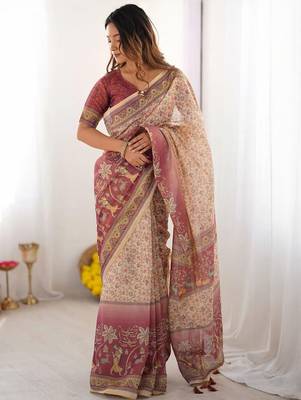Cream floral  cotton saree 4