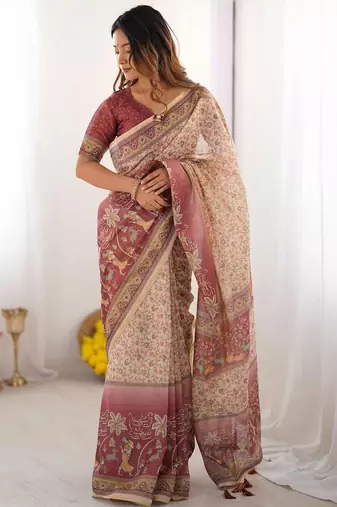 Cream floral  cotton saree