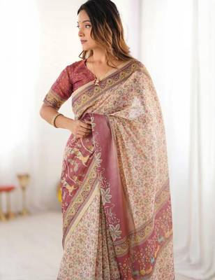 Cream floral  cotton saree 5