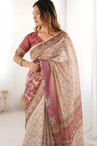 Cream floral  cotton saree