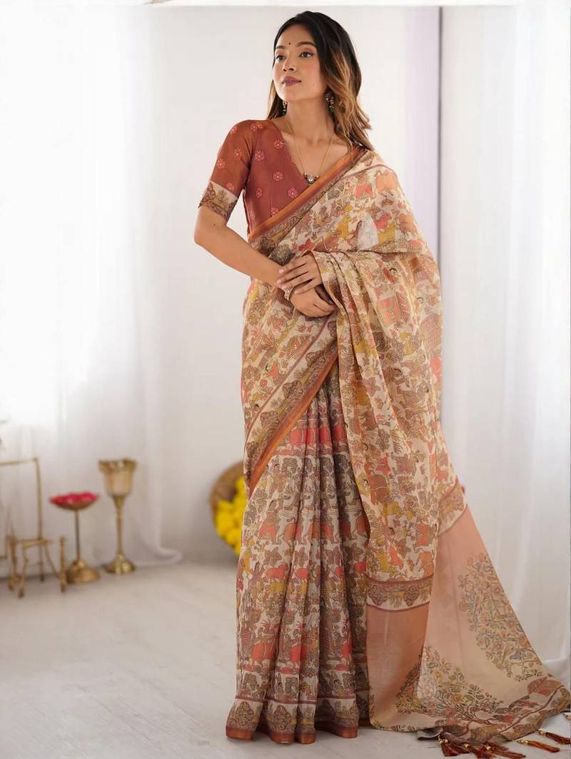 Yellow floral  cotton handloom saree