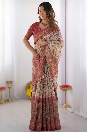 Cream floral  cotton handloom saree