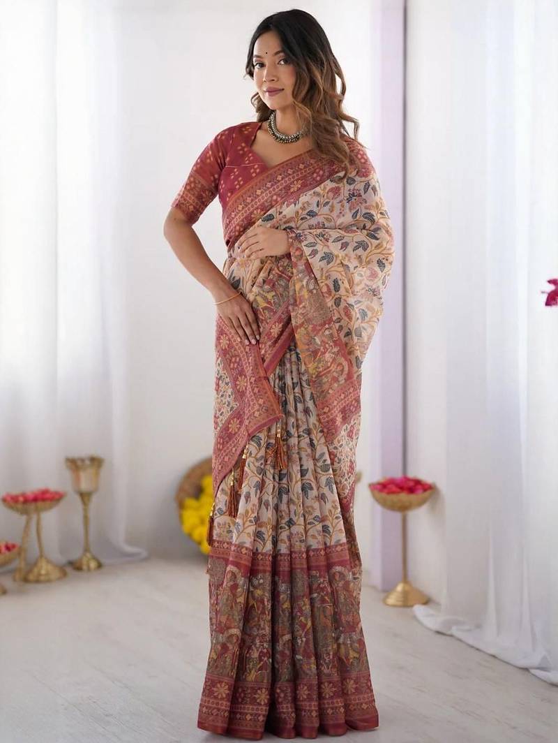Cream floral  cotton handloom saree