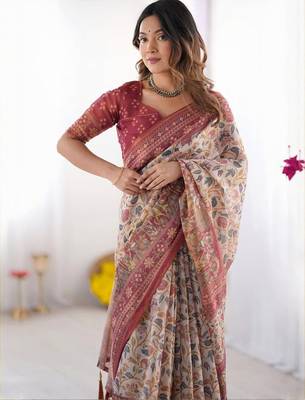 Cream floral  cotton handloom saree 2