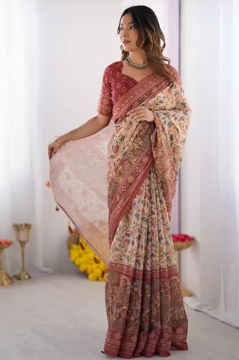 Cream floral  cotton handloom saree