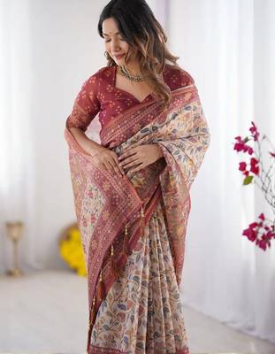 Cream floral  cotton handloom saree 5