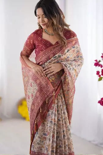 Cream floral  cotton handloom saree