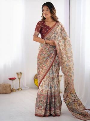 Cream floral  cotton saree 1