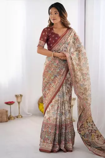 Cream floral  cotton saree
