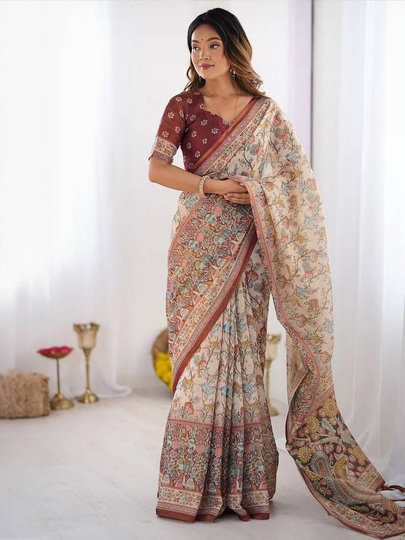 Cream floral  cotton saree