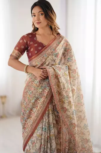 Cream floral  cotton saree