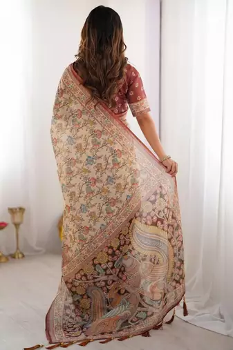 Cream floral  cotton saree