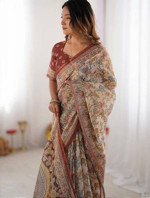 Cream floral  cotton saree 4