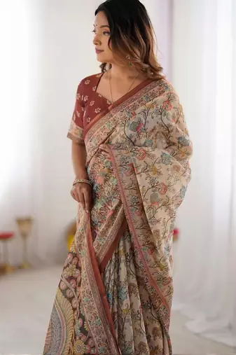 Cream floral  cotton saree
