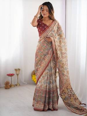 Cream floral  cotton saree 5