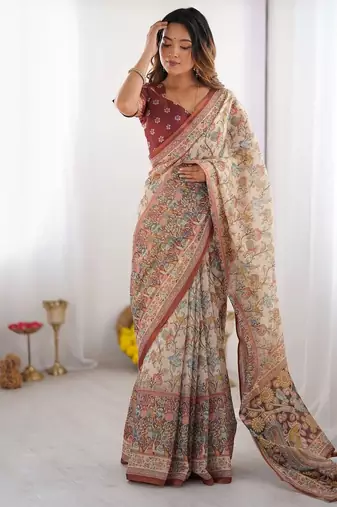 Cream floral  cotton saree