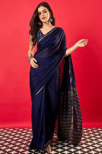 Navy blue zari silk blend banarasi saree