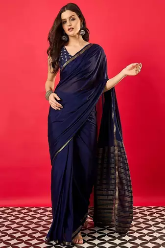 Navy blue zari silk blend banarasi saree
